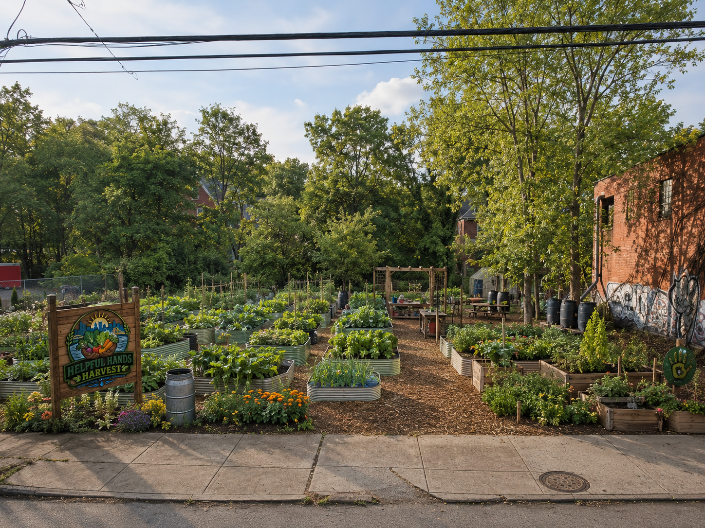 Concept rendering of the Helpful Hands Harvest garden after proposed raised-bed, irrigation, rainwater-capture, and community-use improvements